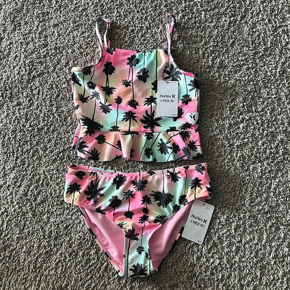 NWT Hurley Girl’s 2-Piece Set Palm Tree Print Tankini Swimsuit 10/12 UPF 50+